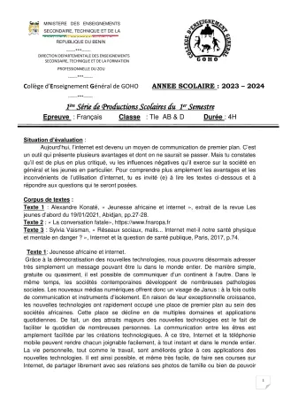 Première page de Français Tle A & B, Tle D — 1re production scolaire, 1er semestre (2023-2024) · CEG GOHO