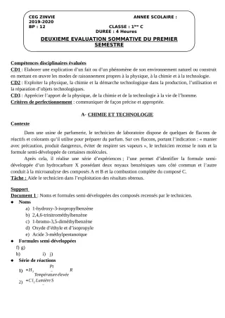 Première page de PCT 1ère C, 1ère D — 2e évaluation sommative, 1er semestre (2019-2020) · CEG Zinvié