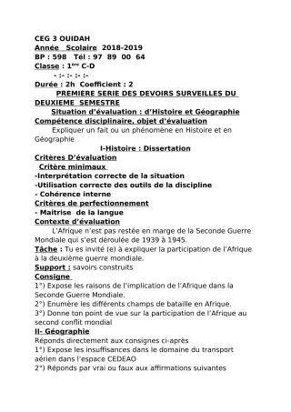 Première page de Histoire-Géographie 1ère C, 1ère D — 1er devoir surveillé, 2e semestre (2018-2019) · CEG3 OUIDAH