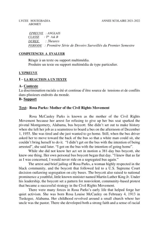Première page de Anglais Tle B — 1er devoir surveillé, 1er semestre (2021-2022) · Lycée Houegbadja d'Abomey (Ex Mafory Bangoura)