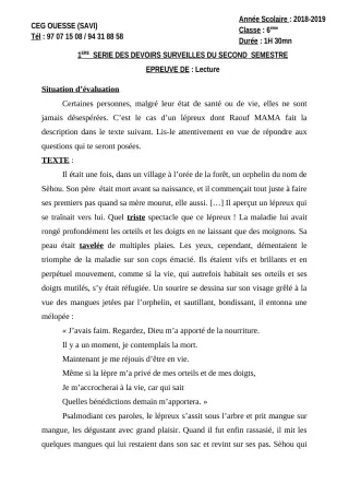 Première page de Français 6e — 1er devoir surveillé, 2e semestre (2018-2019) · Ceg OUESSE