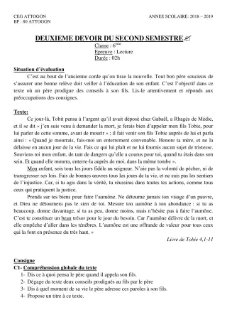 Première page de Français 6e — 2e devoir surveillé, 2e semestre (2018-2019) · CEG Attogon