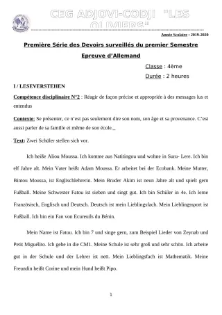 Première page de Allemand 4e ML — 1er devoir surveillé, 1er semestre (2019-2020) · CEG ADJOVICODJI 'LES OLIVIERS'