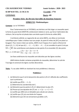 Première page de Mathématiques Tle D — 1er devoir surveillé, 2e semestre (2020-2021) · CEG Kouhounou-Vêdoko