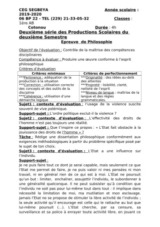 Première page de Philosophie 2nde A & B, 2nde C, 2nde D, 1ère A, 1ère B, 1ère C, 1ère D, Tle A1, Tle A2, Tle B, Tle C, Tle D — 2e production scolaire, 2e semestre (2019-2020) · CEG SEGBEYA