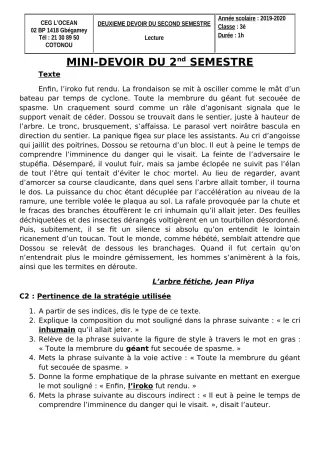 Première page de Français 3e, 3e ML — Composition, 2e semestre (2019-2020) · CEG l'Océan