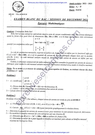 Première page de Bac 2026 – Mathématiques Série A2-B, Bac blanc décembre 2025 (fonctions, coûts et bénéfices, optimisation)