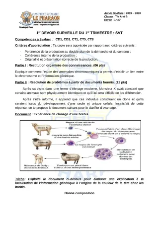Première page de SVT Tle A, Tle B — 1er devoir surveillé, 1er trimestre (2019-2020) · CPEG LE PHARAON