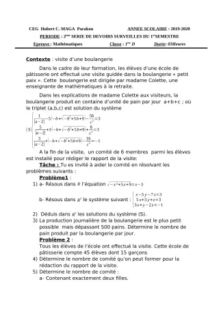 Première page de Mathématiques 1ère D — 2e devoir surveillé (2019-2020) · CEG Hubert C. MAGA