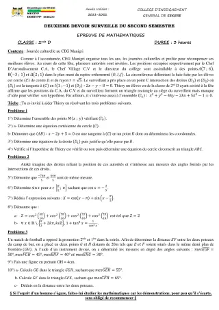 Première page de Mathématiques 2nde D — 2e devoir surveillé, 2e semestre (2021-2022) · CEG SEKERE
