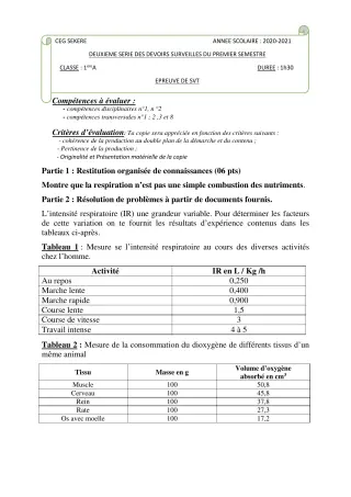 Première page de SVT 1ère A2 — 2e devoir surveillé, 1er semestre (2020-2021) · CEG SEKERE