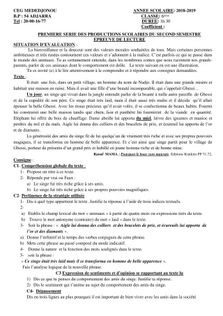 Première page de Français 6e — 1re production scolaire, 2e semestre (2018-2019) · CEG Mèdédjonou