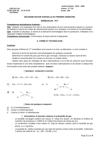 Première page de PCT 1ère D — 2e devoir surveillé, 1er semestre (2019-2020) · CEG du Lac