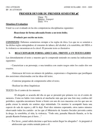 Première page de Espagnol Tle A & B, Tle A1, Tle A2, Tle B — 1er devoir surveillé, 1er semestre (2019-2020) · CEG Attogon