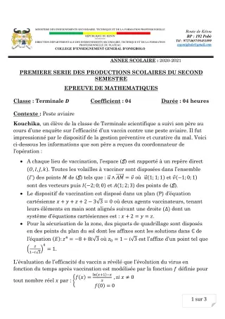 Première page de Mathématiques Tle D — 1re production scolaire, 2e semestre (2020-2021) · CEG ONIGBOLO