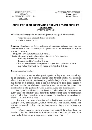 Première page de Espagnol 3e — 1er devoir surveillé, 1er semestre (2021-2022) · CEG Kouhounou-Vêdoko