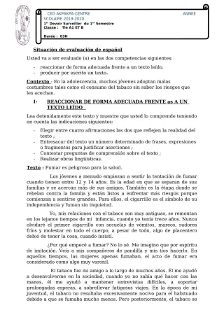 Première page de Espagnol Tle A1, Tle A2, Tle B — 1er devoir surveillé, 1er semestre (2019-2020) · CEG 1 Akpakpa-Centre