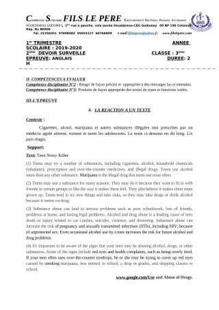 Première page de Anglais 3e, 3e ML — 2e devoir surveillé, 1er trimestre (2019-2020) · CPEG Fils-Le-Père