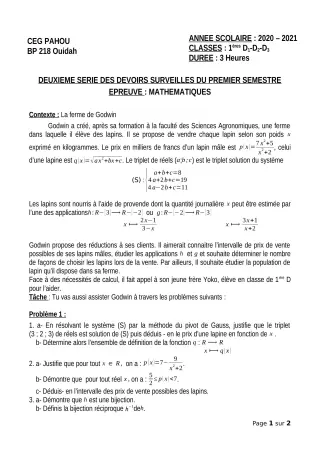 Première page de Mathématiques 1ère D — 2e devoir surveillé, 1er semestre (2020-2021) · CEG PAHOU