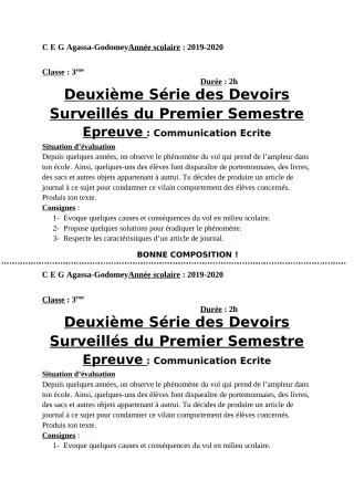 Première page de Français 3e, 3e ML — 2e devoir surveillé, 1er semestre (2019-2020) · CEG Agassa Godomey