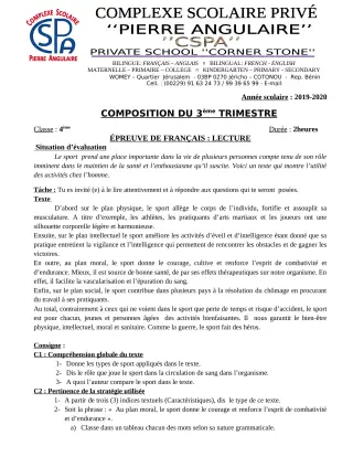 Première page de Français 4e, 4e ML — Composition, 3e trimestre (2019-2020) · CPEG PIERRE ANGULAIRE