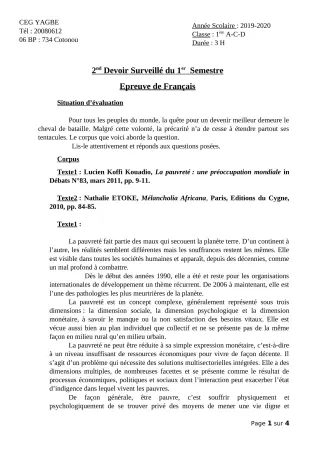 Première page de Français 1ère A2, 1ère C, 1ère D — 2e devoir surveillé, 1er semestre (2019-2020) · CEG Yagbe