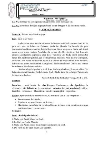 Première page de Allemand 3e ML — 2e devoir surveillé, 1er semestre (2019-2020) · CEG 1 Akpakpa-Centre