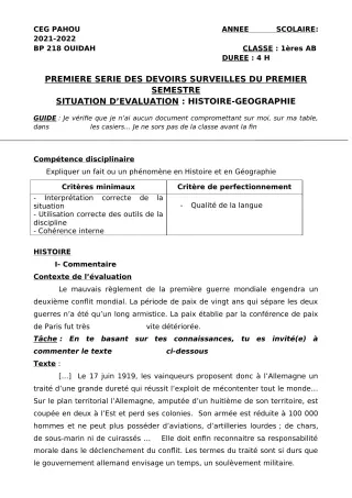Première page de Histoire-Géographie 1ère A1, 1ère A2, 1ère B — 1er devoir surveillé, 1er semestre (2021-2022) · CEG PAHOU
