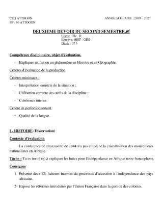 Première page de Histoire-Géographie Tle D — 2e devoir surveillé, 2e semestre (2019-2020) · CEG Attogon