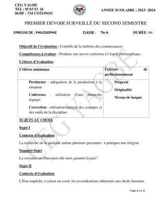 Première page de Philosophie Tle A1, Tle A2 — 1er devoir surveillé, 2e semestre (2023-2024) · CEG Yagbe