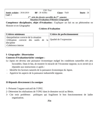 Première page de Histoire-Géographie Tle D — 1er devoir surveillé, 2e semestre (2018-2019) · CEG TOUI