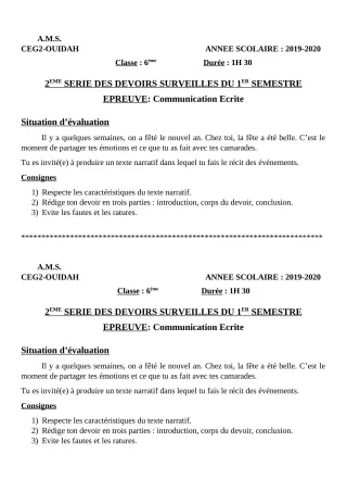 Première page de Français 6e, 5e, 4e, 4e ML, 3e, 3e ML, 2nde A & B, 2nde C, 2nde D, 1ère A2, 1ère B, 1ère C, 1ère D, Tle A1, Tle A2, Tle B, Tle C, Tle D — 2e devoir surveillé, 1er semestre (2019-2020) · CEG2 OUIDAH