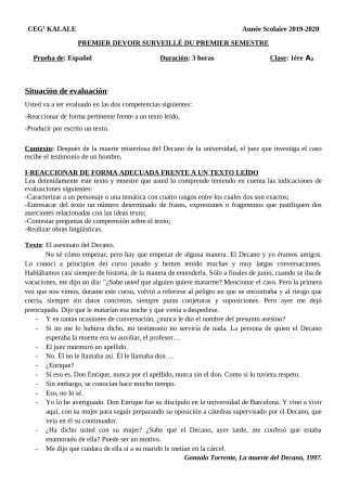 Première page de Espagnol 1ère A2 — 1er devoir surveillé, 1er semestre (2019-2020) · CEG1 Kalalé