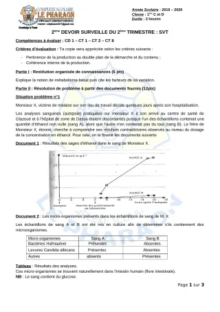 Première page de SVT 1ère C, 1ère D — 2e devoir surveillé, 2e trimestre (2019-2020) · CPEG LE PHARAON