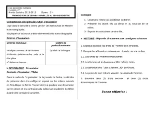 Première page de Histoire-Géographie 4e, 4e ML — 1er devoir surveillé (2018-2019) · CEG Banikanni