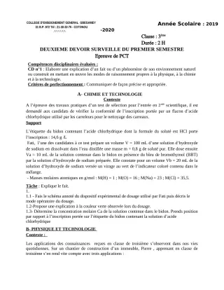 Première page de PCT 3e, 3e ML — 2e devoir surveillé, 1er semestre (2019-2020) · CEG GBEGAMEY