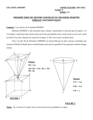 Première page de Mathématiques 4e — 1er devoir surveillé, 2e semestre (2021-2022) · CEG GOHO