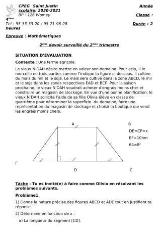 Première page de Mathématiques 4e — 2e devoir surveillé, 2e trimestre (2020-2021) · CPEG SAINT Justin