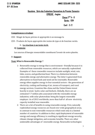 Première page de Histoire-Géographie 2nde A, 2nde D, 1ère A, 1ère A2, 1ère D, Tle A2, Tle D — 2e évaluation sommative, 1er semestre (2019-2020) · CEG Kpanroun