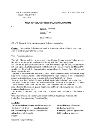 Première page de Allemand Tle A1, Tle A2, Tle B — Devoir surveillé, 2e semestre (2019-2020) · CEG Kouhounou-Vêdoko