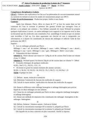 Première page de PCT 5e — Production scolaire, 2e semestre (2018-2019) · CEG Tchatchou