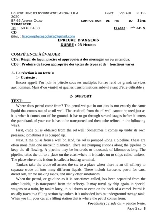 Première page de Anglais 2nde A2, 2nde B, 2nde C, 2nde D — Composition, 1er trimestre (2019-2020) · CPEG LICA
