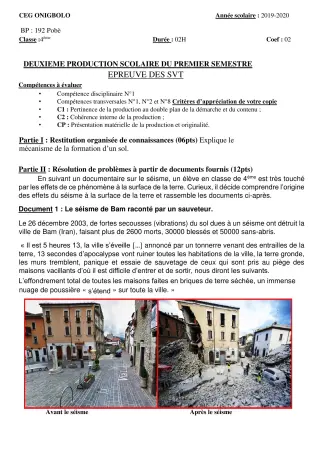 Première page de SVT 4e, 4e ML — 2e production scolaire, 1er semestre (2019-2020) · CEG ONIGBOLO