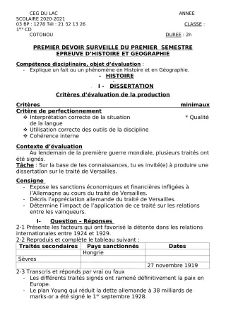 Première page de Histoire-Géographie 1ère C, 1ère D — 1er devoir surveillé, 1er semestre (2020-2021) · CEG du Lac