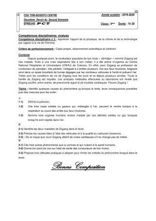 Première page de PCT 6e, 5e, 4e, 4e ML, 3e, 3e ML — Composition, 2e semestre (2019-2020) · CEG Tori-Bossito Centre