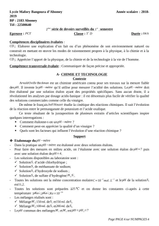 Première page de PCT Tle D — Devoir surveillé, 1er semestre (2018-2019) · Lycée Houegbadja d'Abomey (Ex Mafory Bangoura)
