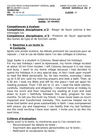 Première page de Anglais 5e — Devoir surveillé, 1er trimestre (2019-2020) · CPEG LICA