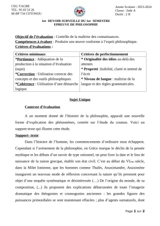 Première page de Philosophie 2nde A, 2nde B — 1er devoir surveillé, 1er semestre (2023-2024) · CEG Yagbe