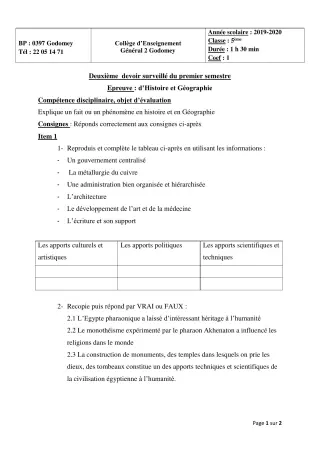 Première page de Histoire-Géographie 5e — 2e devoir surveillé, 1er semestre (2019-2020) · CEG2 Godomey