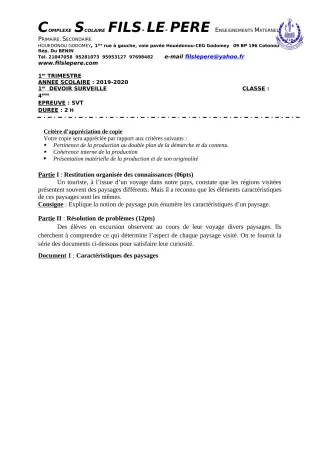 Première page de SVT 4e, 4e ML — 1er devoir surveillé, 1er trimestre (2019-2020) · CPEG Fils-Le-Père